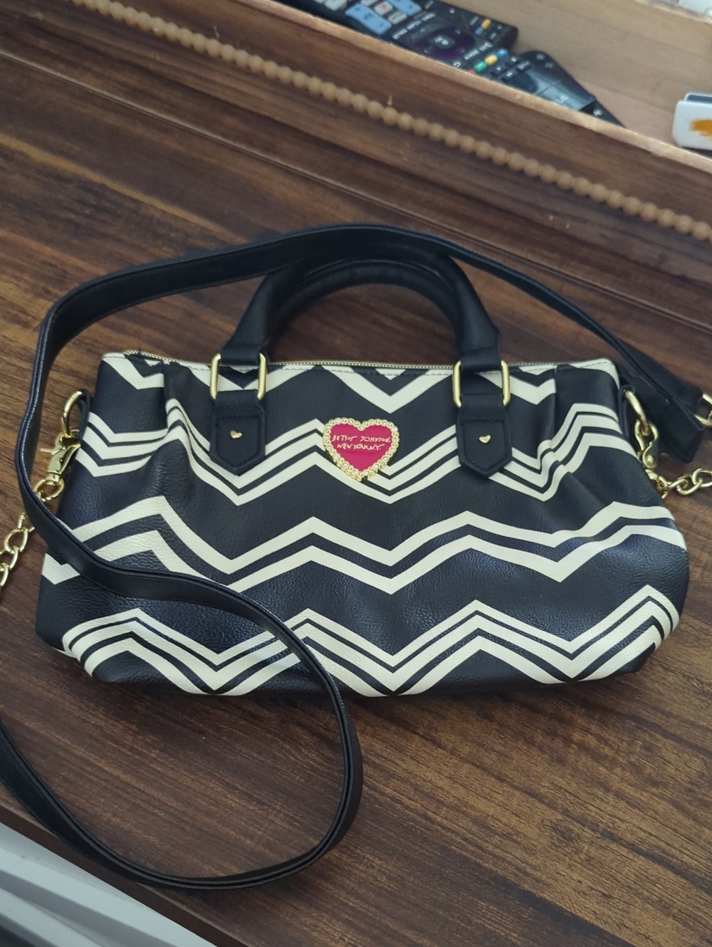 Betsey Johnson Black and Cream Chevron Satchel with Pink Heart Patch